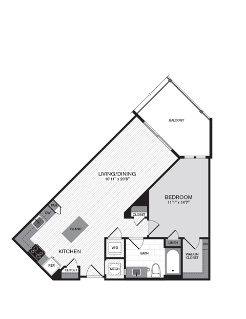 Floor plan for 1 bed, 1 bath, 760 sqft